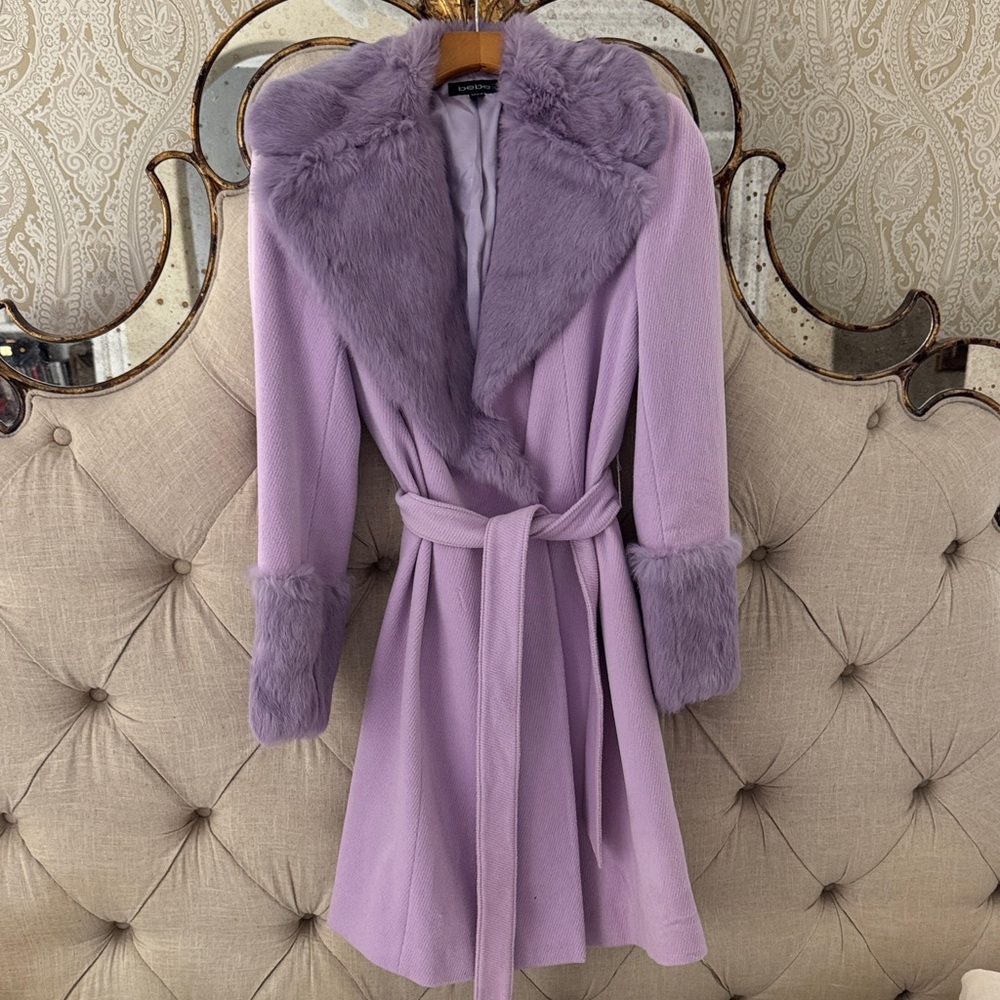 bebe Lilac Rabbit Fur Trim Wool Coat